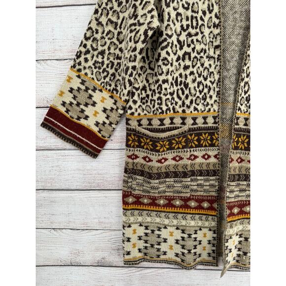 Vertigo Animal Print Open Front Cardigan Sweater Womens Medium Brown Beige - Picture 5 of 13